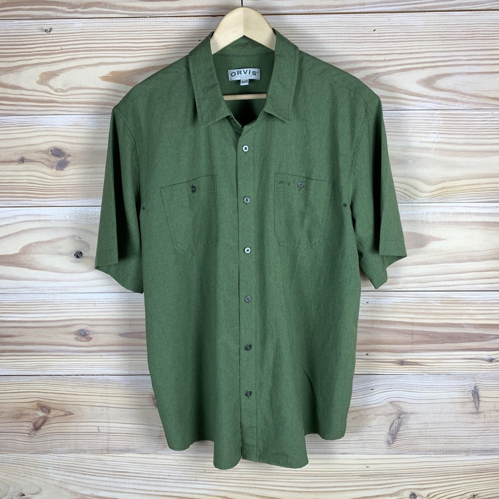 Orvis Button Up Shirt Mens XL Green Short Sleeve Classic Utility Pocket Hiking